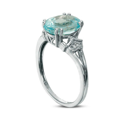 Oval Blue Topaz and Natural Diamond Accent Split Shank Antique Vintage-Style Ring in Sterling Silver