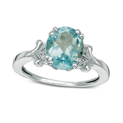 Oval Blue Topaz and Natural Diamond Accent Antique Vintage-Style Ring in Sterling Silver