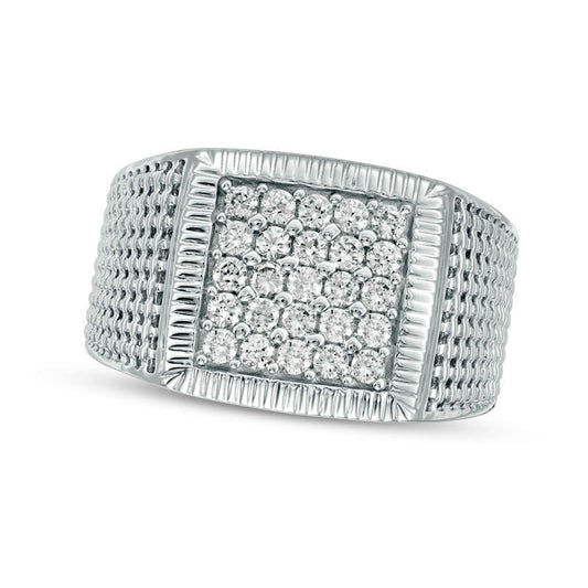 Men's 1.0 CT. T.W. Composite Natural Diamond Square Frame Basket Weave Shank Ring in Solid 10K White Gold - Size 10