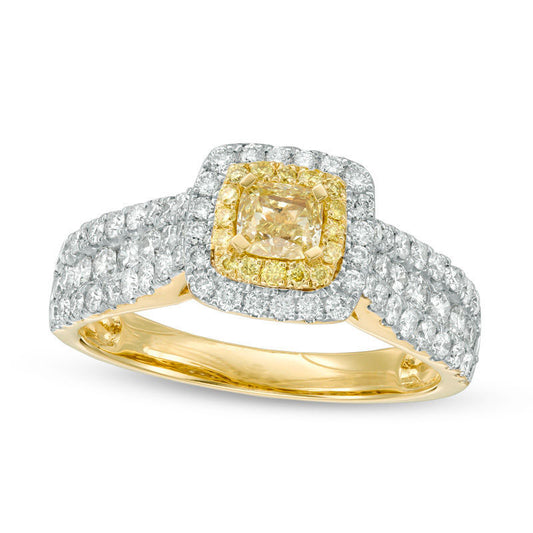 1.5 CT. T.W. Cushion-Cut Yellow and White Natural Diamond Double Frame Multi-Row Engagement Ring in Solid 14K Gold - Size 7