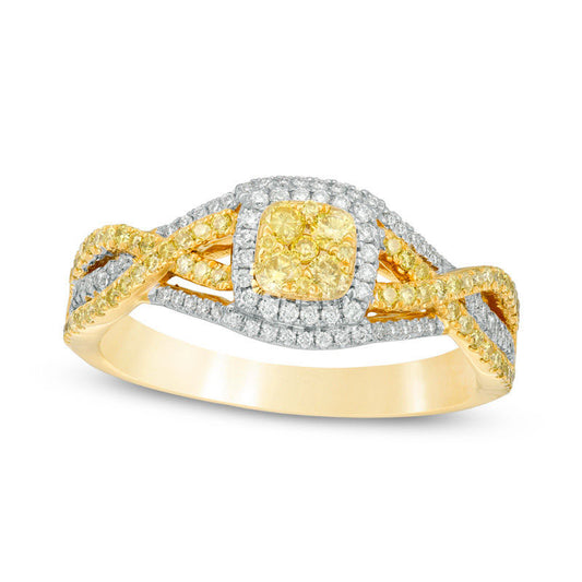0.75 CT. T.W. Yellow and White Composite Natural Diamond Square Frame Twist Engagement Ring in Solid 14K Gold - Size 7