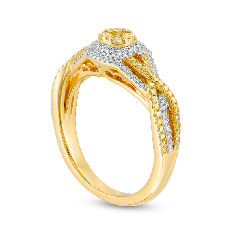 0.75 CT. T.W. Yellow and White Composite Natural Diamond Square Frame Twist Engagement Ring in Solid 14K Gold - Size 7