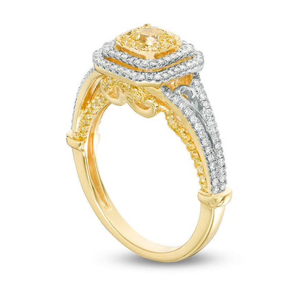 1.0 CT. T.W. Cushion-Cut Yellow and White Natural Diamond Triple Frame Engagement Ring in Solid 14K Two Tone Gold - Size 7