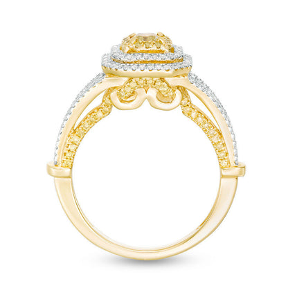 1.0 CT. T.W. Cushion-Cut Yellow and White Natural Diamond Triple Frame Engagement Ring in Solid 14K Two Tone Gold - Size 7