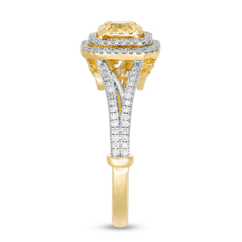 1.0 CT. T.W. Cushion-Cut Yellow and White Natural Diamond Triple Frame Engagement Ring in Solid 14K Two Tone Gold - Size 7