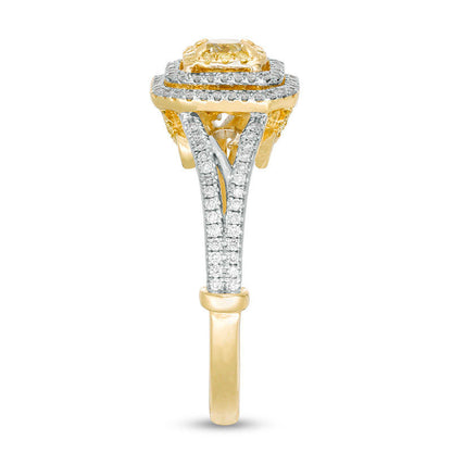 1.0 CT. T.W. Cushion-Cut Yellow and White Natural Diamond Triple Frame Engagement Ring in Solid 14K Two Tone Gold - Size 7