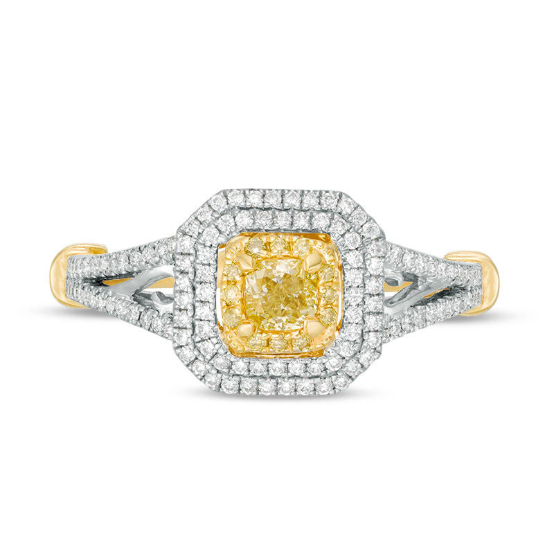 1.0 CT. T.W. Cushion-Cut Yellow and White Natural Diamond Triple Frame Engagement Ring in Solid 14K Two Tone Gold - Size 7