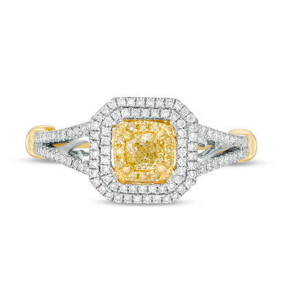 1.0 CT. T.W. Cushion-Cut Yellow and White Natural Diamond Triple Frame Engagement Ring in Solid 14K Two Tone Gold - Size 7