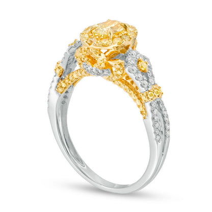 1.20 CT. T.W. Oval Yellow and White Natural Diamond Frame Arrow-Sides Engagement Ring in Solid 14K Two Tone Gold - Size 7