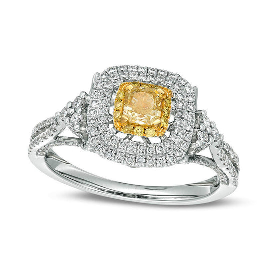 1.0 CT. T.W. Cushion-Cut Yellow and White Natural Diamond Triple Frame Tri-Sides Engagement Ring in Solid 14K White Gold - Size 7