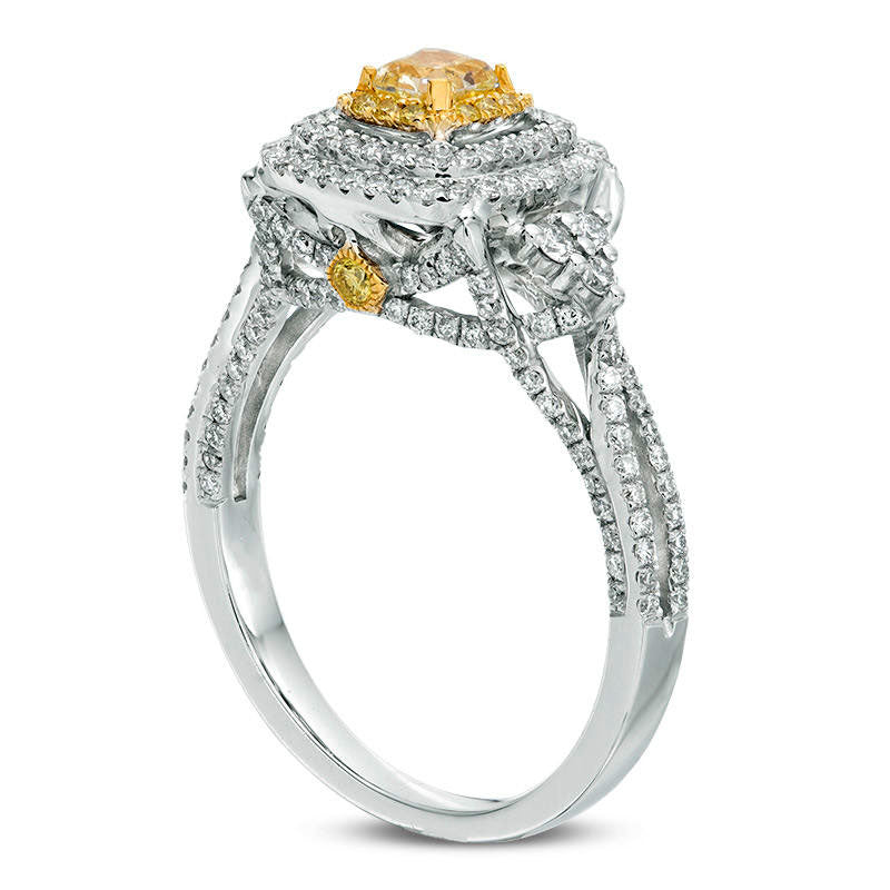 1.0 CT. T.W. Cushion-Cut Yellow and White Natural Diamond Triple Frame Tri-Sides Engagement Ring in Solid 14K White Gold - Size 7