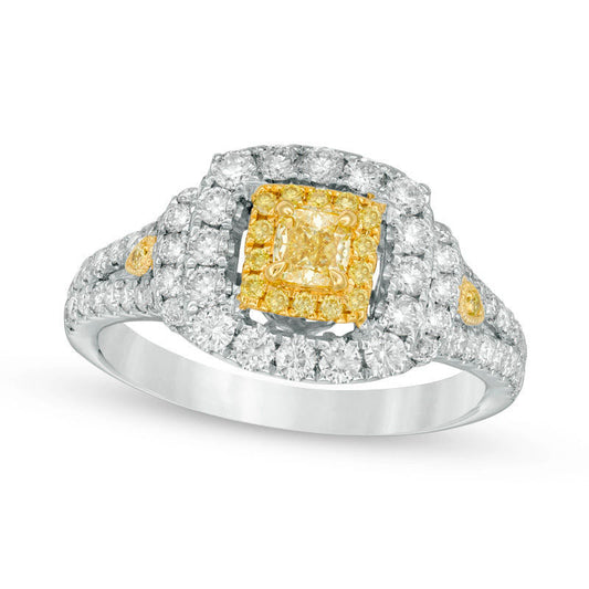 1.25 CT. T.W. Cushion-Cut Yellow and White Natural Diamond Double Frame Collar Engagement Ring in Solid 14K Two Tone Gold - Size 7