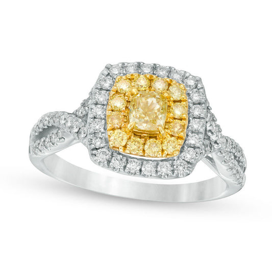 1.5 CT. T.W. Princess-Cut Yellow and White Natural Diamond Double Frame Twist Engagement Ring in Solid 14K White Gold - Size 7