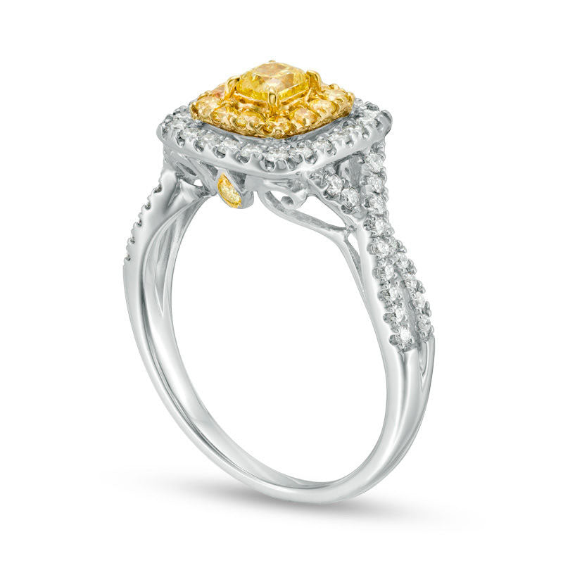 1.5 CT. T.W. Princess-Cut Yellow and White Natural Diamond Double Frame Twist Engagement Ring in Solid 14K White Gold - Size 7