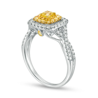 1.5 CT. T.W. Princess-Cut Yellow and White Natural Diamond Double Frame Twist Engagement Ring in Solid 14K White Gold - Size 7