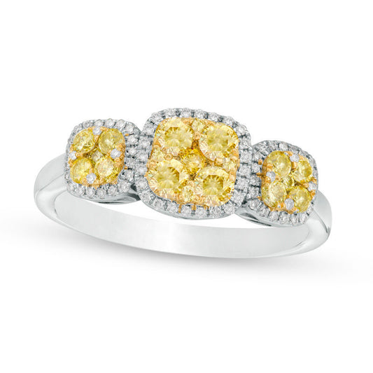 0.75 CT. T.W. Yellow and White Composite Natural Diamond Three Stone Cushion Frame Ring in Solid 14K White Gold - Size 7