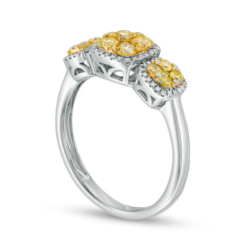 0.75 CT. T.W. Yellow and White Composite Natural Diamond Three Stone Cushion Frame Ring in Solid 14K White Gold - Size 7
