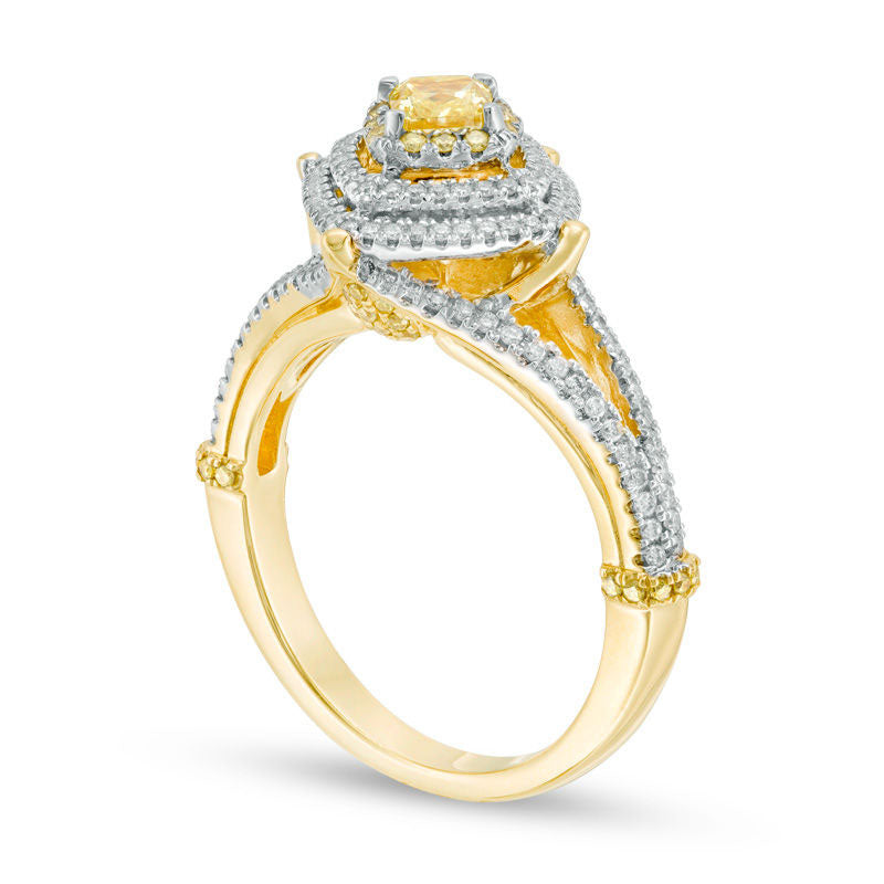1.0 CT. T.W. Cushion-Cut Yellow and White Natural Diamond Triple Tilted Frame Engagement Ring in Solid 14K Gold - Size 7