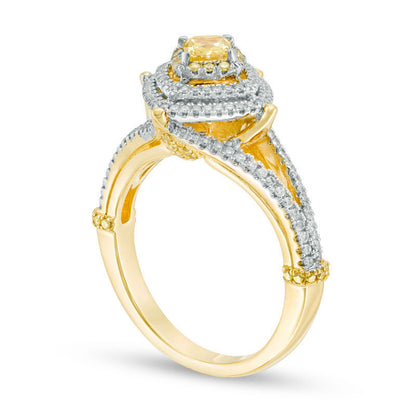 1.0 CT. T.W. Cushion-Cut Yellow and White Natural Diamond Triple Tilted Frame Engagement Ring in Solid 14K Gold - Size 7