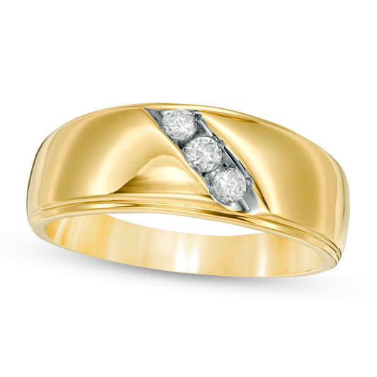 Men's 0.25 CT. T.W. Natural Diamond Three Stone Slant Band in Solid 10K Yellow Gold - Size 10