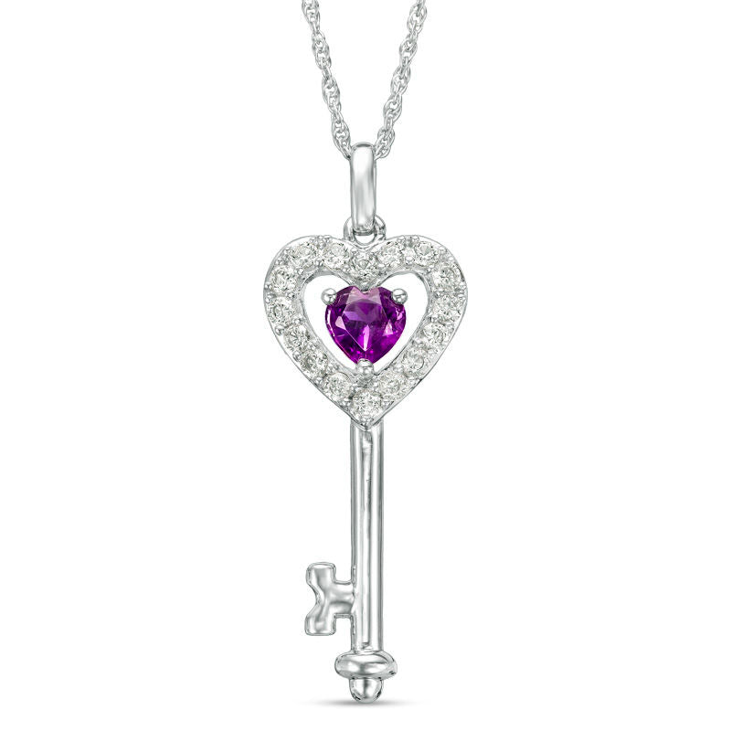 5.0mm Amethyst and Lab-Created White Sapphire Heart-Top Key Pendant in Sterling Silver