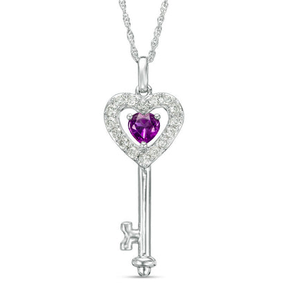 5.0mm Amethyst and Lab-Created White Sapphire Heart-Top Key Pendant in Sterling Silver