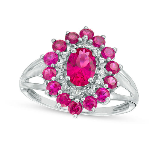Oval Lab-Created Ruby and Diamond Accent Bead Double Frame Triple Row Ring in Solid 10K White Gold