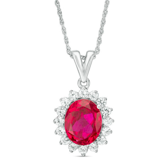 Oval Lab-Created Ruby and White Sapphire Sunburst Frame Pendant in Sterling Silver