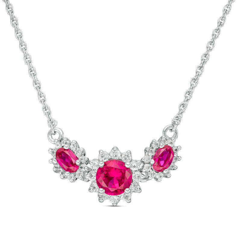 Oval and Round Lab-Created Ruby and White Sapphire Sunburst Frame Three Stone Necklace in Sterling Silver
