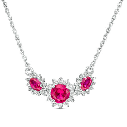Oval and Round Lab-Created Ruby and White Sapphire Sunburst Frame Three Stone Necklace in Sterling Silver