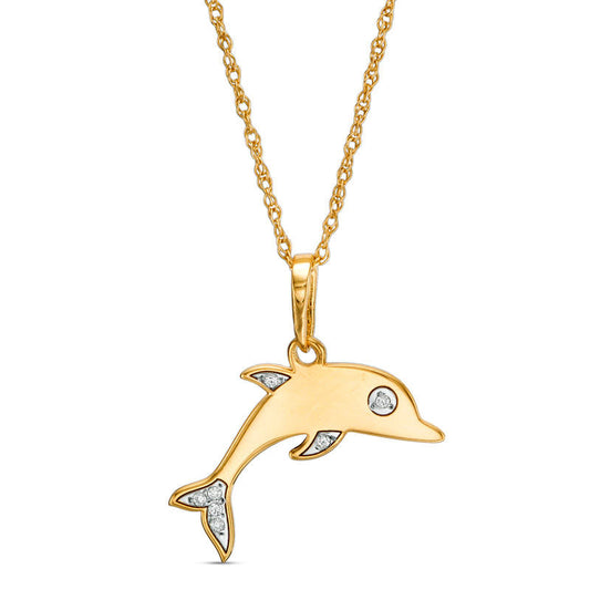 Natural Diamond Accent Laser-Cut Dolphin Pendant in 10K Yellow Gold