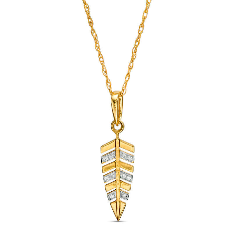 Natural Diamond Accent Laser-Cut Feather Pendant in 10K Yellow Gold