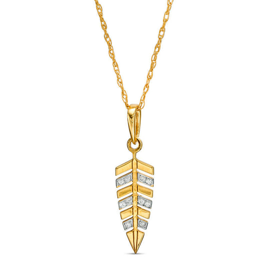 Natural Diamond Accent Laser-Cut Feather Pendant in 10K Yellow Gold