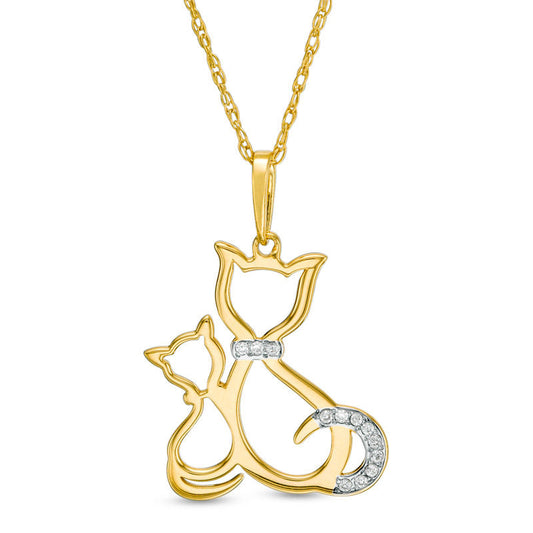 Natural Diamond Accent Laser-Cut Cat and Kitten Pendant in 10K Yellow Gold