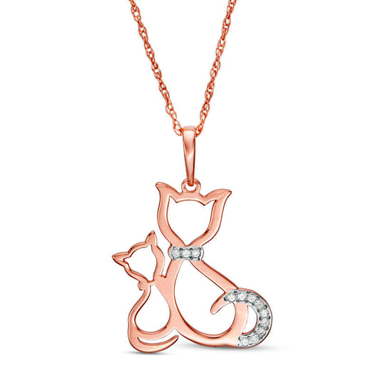 Natural Diamond Accent Laser-Cut Cat and Kitten Pendant in 10K Rose Gold