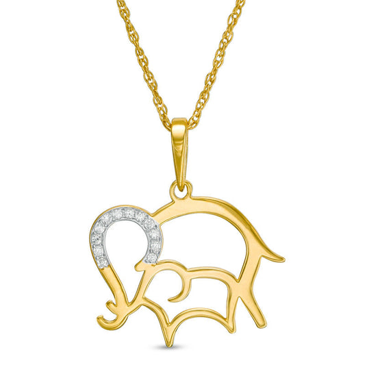 Natural Diamond Accent Laser-Cut Elephant and Calf Pendant in 10K Yellow Gold