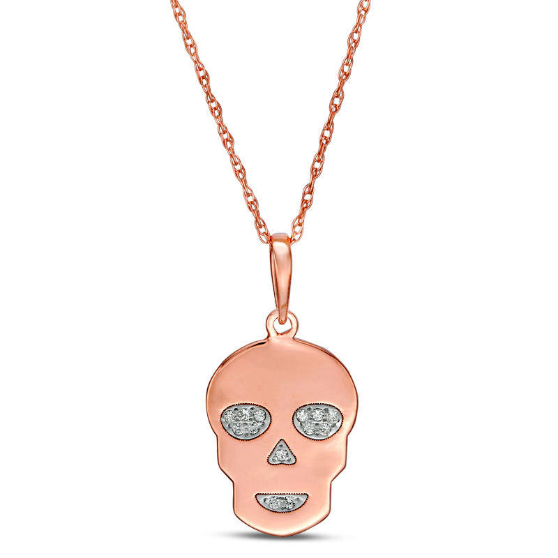 Natural Diamond Accent Laser-Cut Skull Pendant in 10K Rose Gold