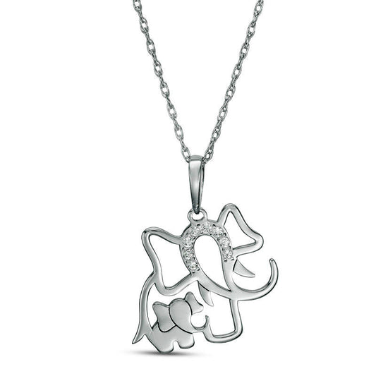 Natural Diamond Accent Laser-Cut Elephant and Calf Pendant in 10K White Gold