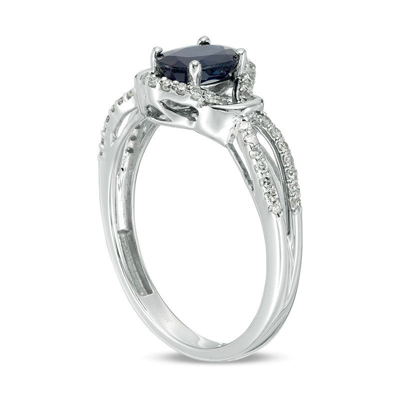 Oval Blue Sapphire and 0.20 CT. T.W. Natural Diamond Wrapped Open Shank Ring in Solid 10K White Gold