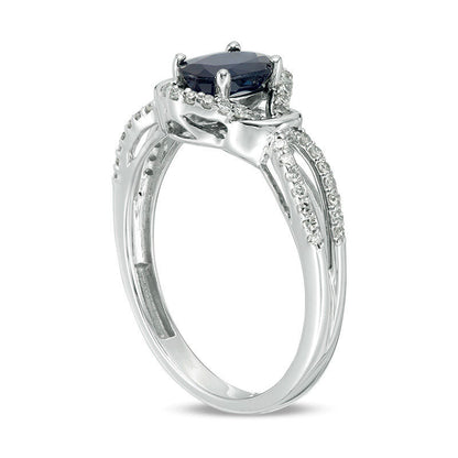 Oval Blue Sapphire and 0.20 CT. T.W. Natural Diamond Wrapped Open Shank Ring in Solid 10K White Gold