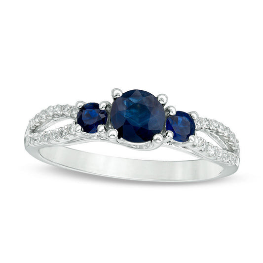 Blue Sapphire and 0.13 CT. T.W. Natural Diamond Three Stone Split Shank Ring in Solid 10K White Gold
