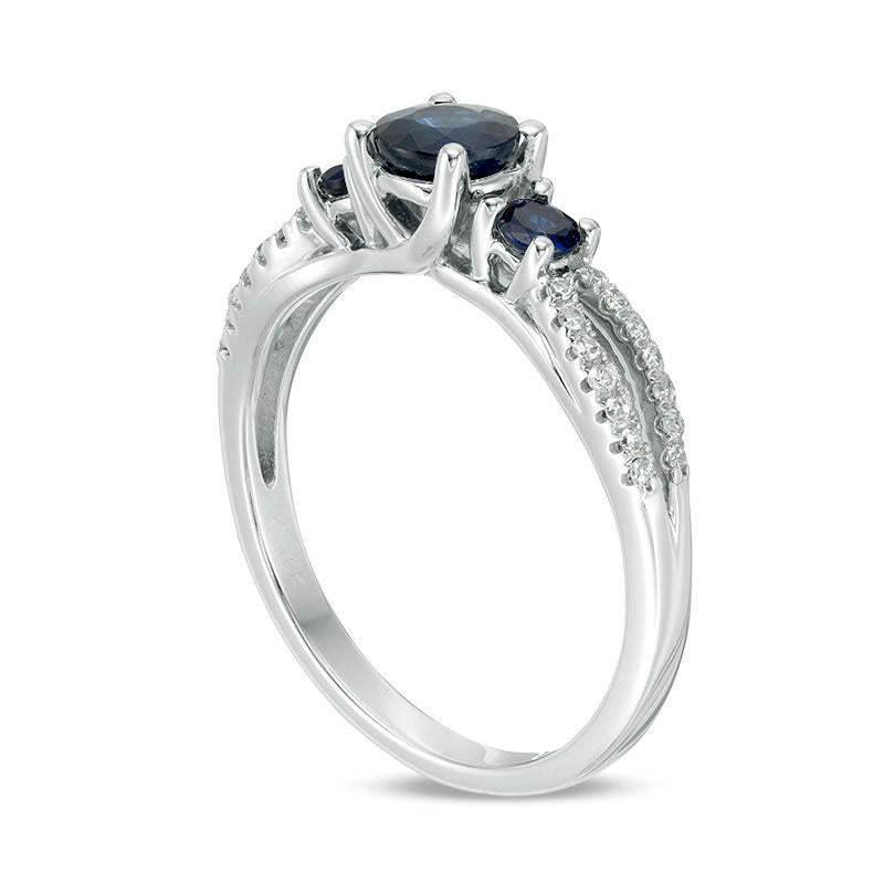 Blue Sapphire and 0.13 CT. T.W. Natural Diamond Three Stone Split Shank Ring in Solid 10K White Gold