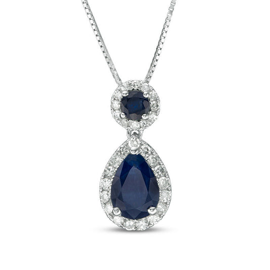 Blue Sapphire and 0.17 CT. T.W. Natural Diamond Frame Drop Pendant in 10K White Gold