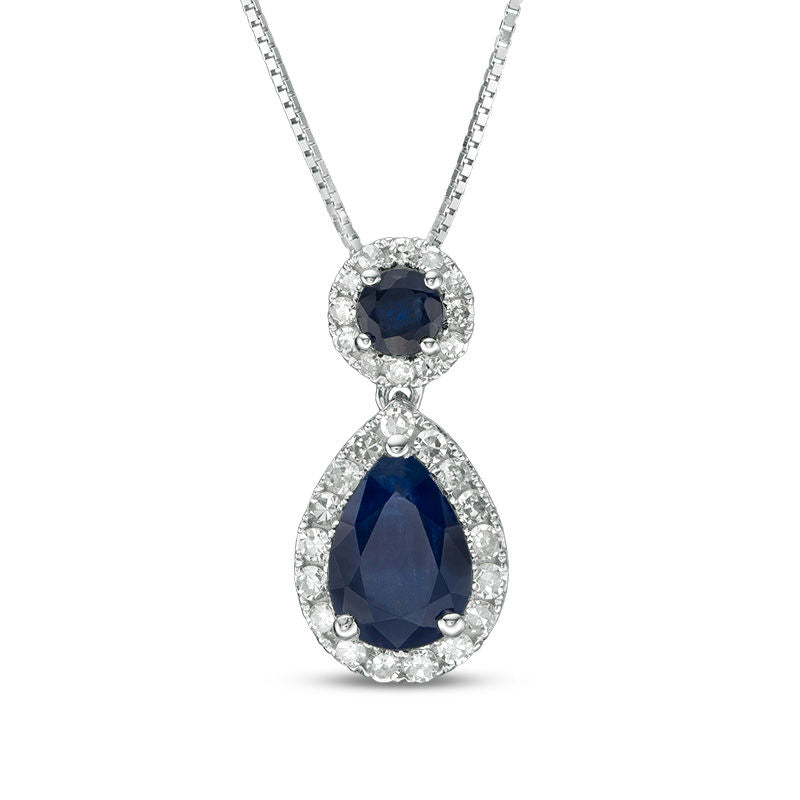 Blue Sapphire and 0.17 CT. T.W. Natural Diamond Frame Drop Pendant in 10K White Gold