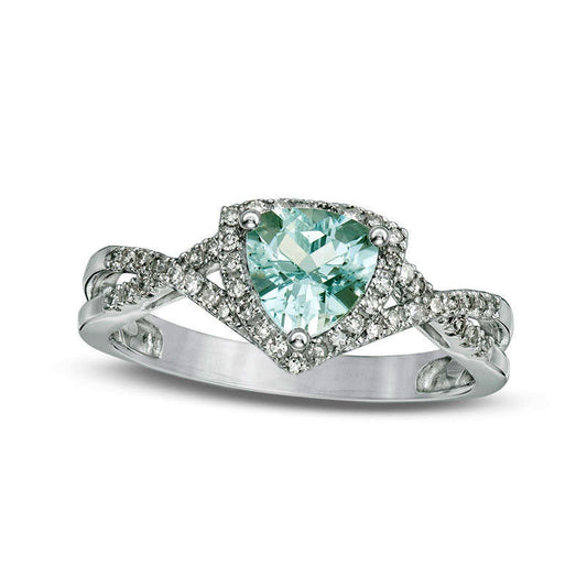6.0mm Trillion-Cut Aquamarine and 0.20 CT. T.W. Natural Diamond Frame Criss-Cross Shank Ring in Solid 10K White Gold