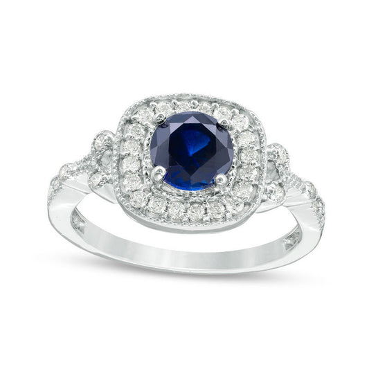6.0mm Lab-Created Blue Sapphire and 0.25 CT. T.W. Diamond Frame Antique Vintage-Style Engagement Ring in Solid 10K White Gold