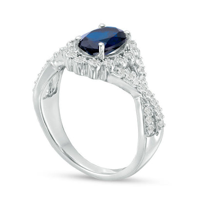 Oval Lab-Created Blue and White Sapphire Scallop Frame Engagement Ring in Sterling Silver