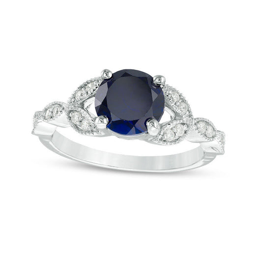 7.0mm Lab-Created Blue Sapphire and 0.17 CT. T.W. Diamond Antique Vintage-Style Petals Engagement Ring in Solid 10K White Gold