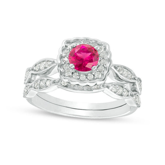 5.0mm Lab-Created Ruby and 0.38 CT. T.W. Diamond Square Scallop Frame Bridal Engagement Ring Set in Solid 10K White Gold