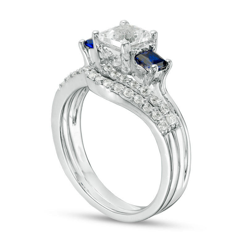 Princess-Cut Lab-Created Blue and White Sapphire with 0.38 CT. T.W. Diamond Three Stone Bridal Engagement Ring Set in Sterling Silver